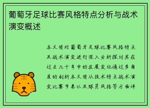 葡萄牙足球比赛风格特点分析与战术演变概述