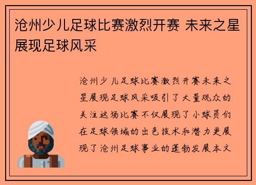 沧州少儿足球比赛激烈开赛 未来之星展现足球风采