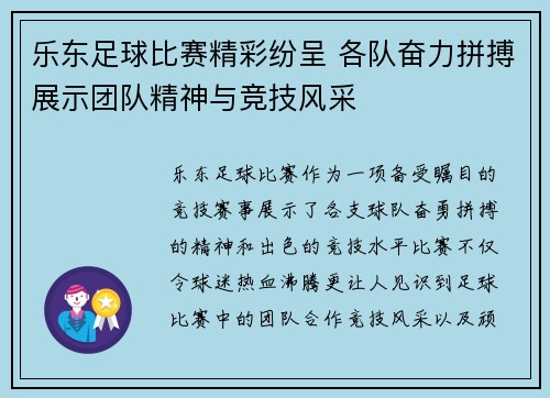 乐东足球比赛精彩纷呈 各队奋力拼搏展示团队精神与竞技风采