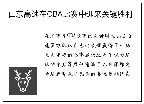 山东高速在CBA比赛中迎来关键胜利