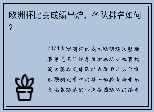 欧洲杯比赛成绩出炉，各队排名如何？