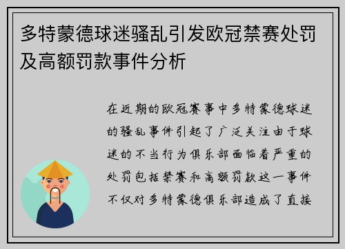 多特蒙德球迷骚乱引发欧冠禁赛处罚及高额罚款事件分析