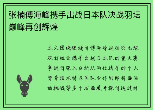 张楠傅海峰携手出战日本队决战羽坛巅峰再创辉煌
