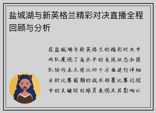 盐城湖与新英格兰精彩对决直播全程回顾与分析