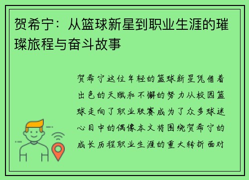 贺希宁：从篮球新星到职业生涯的璀璨旅程与奋斗故事