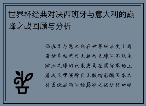 世界杯经典对决西班牙与意大利的巅峰之战回顾与分析