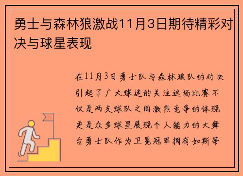 勇士与森林狼激战11月3日期待精彩对决与球星表现