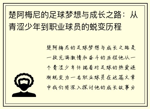 楚阿梅尼的足球梦想与成长之路：从青涩少年到职业球员的蜕变历程