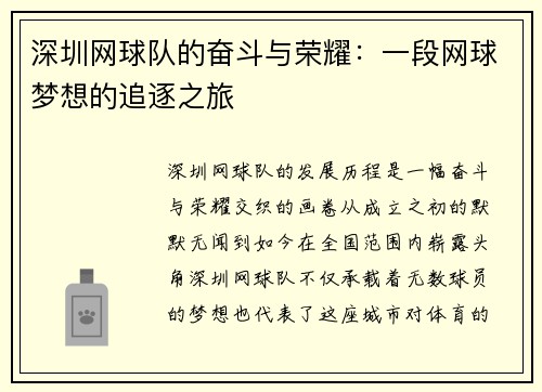 深圳网球队的奋斗与荣耀：一段网球梦想的追逐之旅