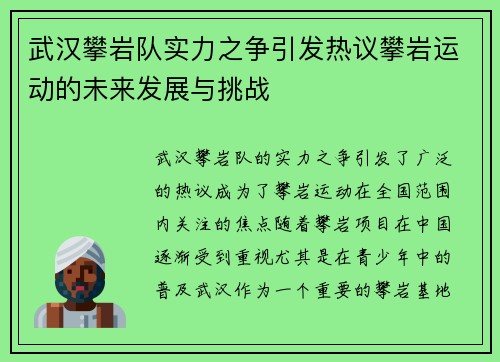 武汉攀岩队实力之争引发热议攀岩运动的未来发展与挑战